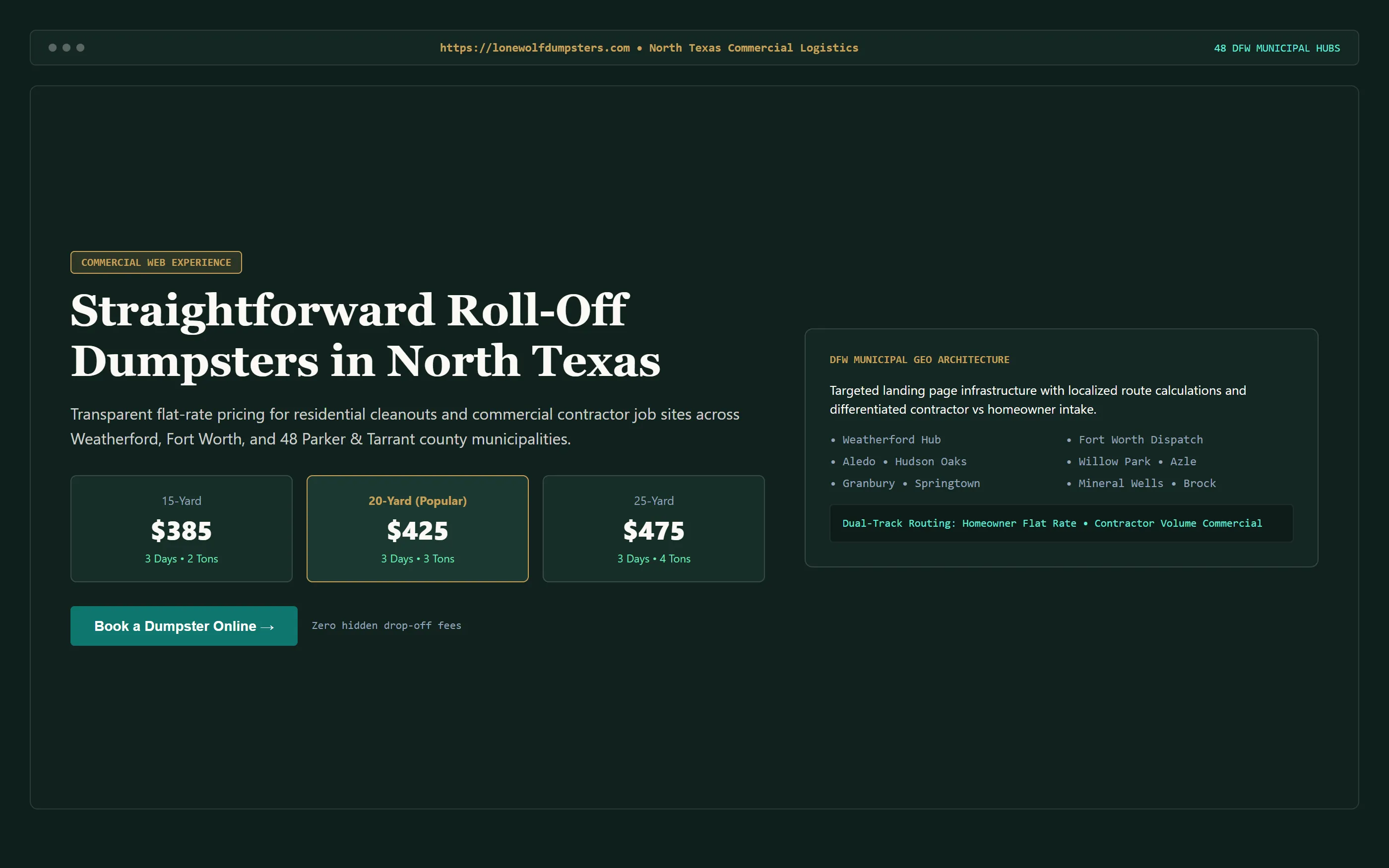 Lone Wolf Dumpsters commercial website and booking platform